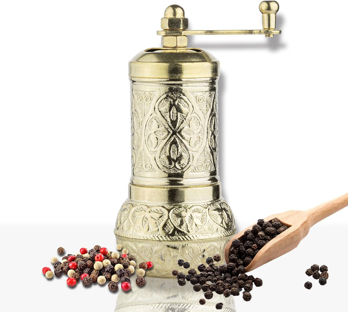 Handmade Decorative Black Pepper Grinder, Refillable Turkish Spice Mill Manual Pepper Mill with Handle, Spice Grinder Metal with Hand Crank 11 cm-4.3 inch