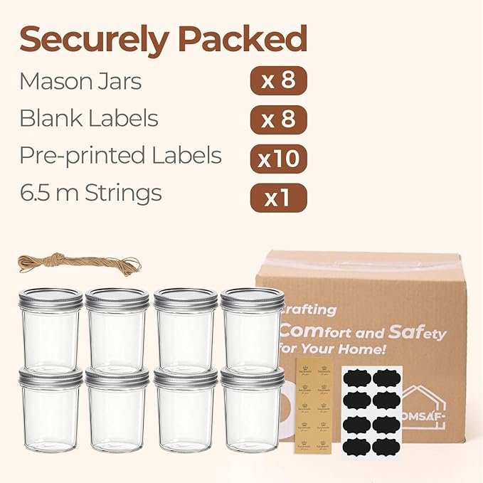 ComSaf Wide Mouth Mason Jars 16oz - 8 Pack, Pint Mason Jars with Lids and Seal Bands, Glass Canning Jars for Pickling, Jam, Jelly, Honey, Salad, Desert, Shower Wedding Favors, DIY Candles Decor