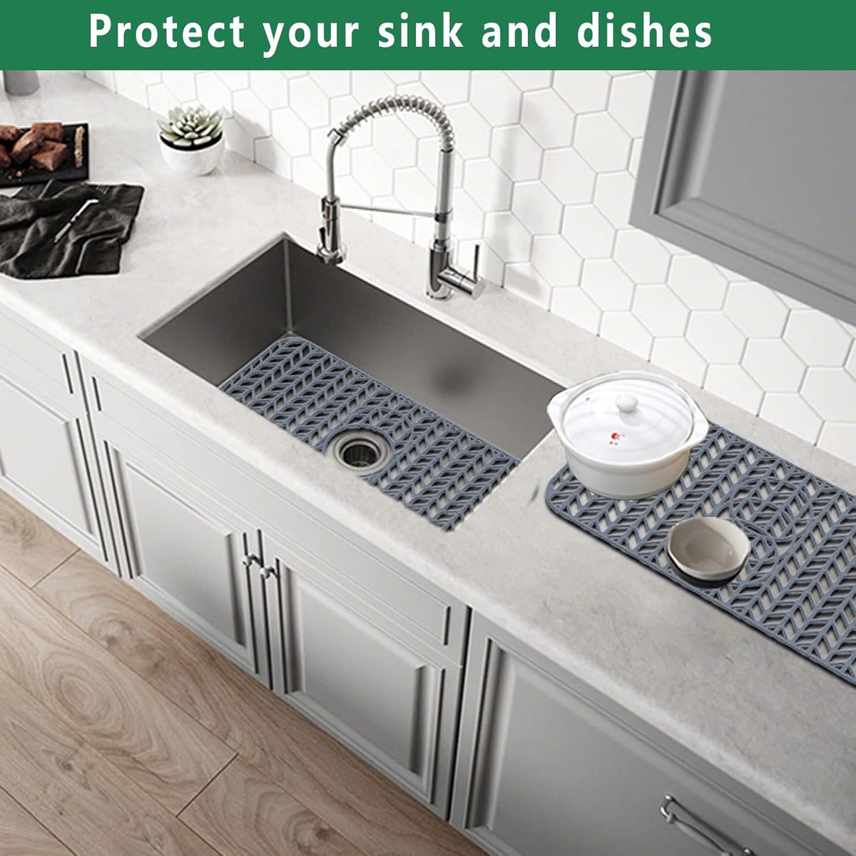 GUUKIN Sink Protectors for Kitchen Sink 19x13 & 24x12.5 & 13x11 & 26x14 & 28x14 & 29x15, Large Silicone Mats Grid for Bottom of Farmhouse Stainless Steel (24x12.5 with 3 Reserved Holes)