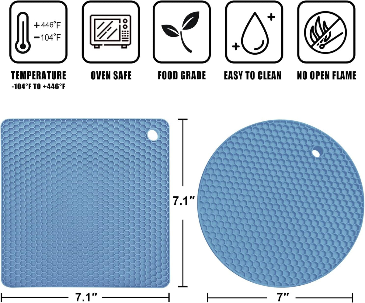 Walfos Silicone Trivet Mats - 4 Heat Resistant Pot Holders, Multipurpose Non-Slip Hot Pads for Kitchen Potholders, Hot Dishers, Jar Opener, Spoon Holder, Food Grade Silicone & BPA Free (Nordic Blue)