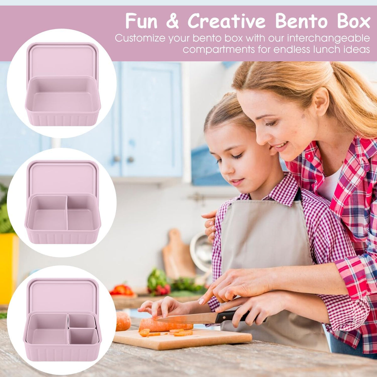 Bento Lunch Box for Kids-Reusable Silicone Kids Bento Box Lunch Container Leakproof Lunchbox Meal Prep Food Storage Containers with 3 Removable Compartments–Dishwasher Safe/BPA Free/Portion Control