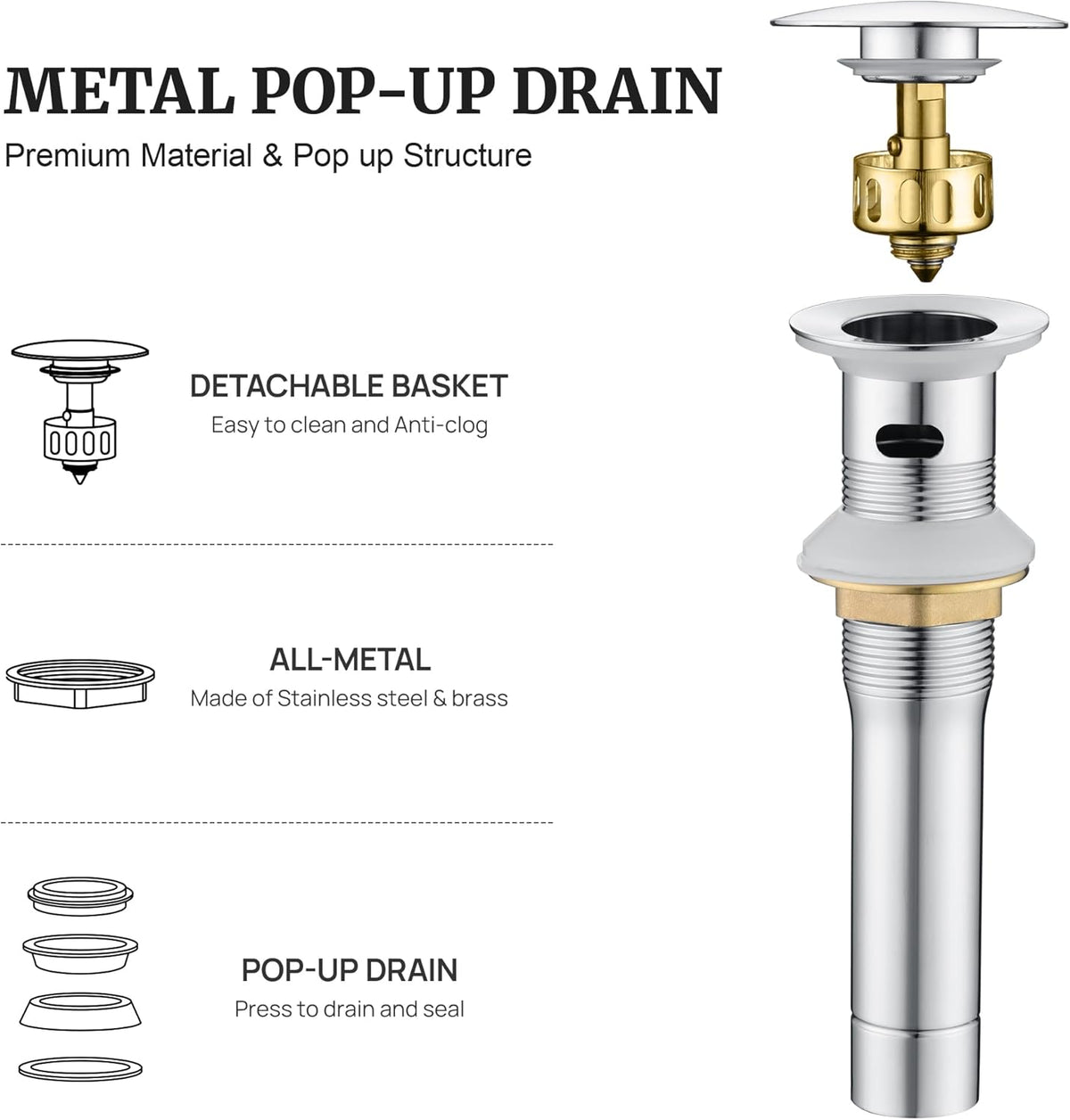 Pop up Sink Drain Stopper with Overflow Chrome for Bathroom Vessel Vanity Sink Art Basin, Big Cap Sink Drain with Overflow, Metal Pop-up Drain Strainer with Detachable Basket Stopper