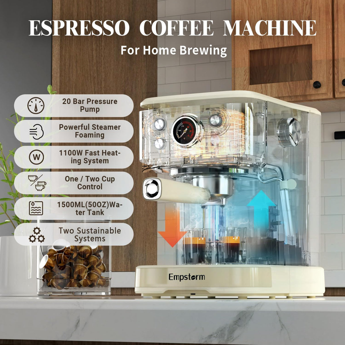 Espresso Machine 20 Bar, 2 in 1 Espresso Maker with Milk Frother Steam Wand for Latte and Cappuccino, Powder and Capsule Portafilter, 50oz Removable Water Tank Coffee Machine for Home-White