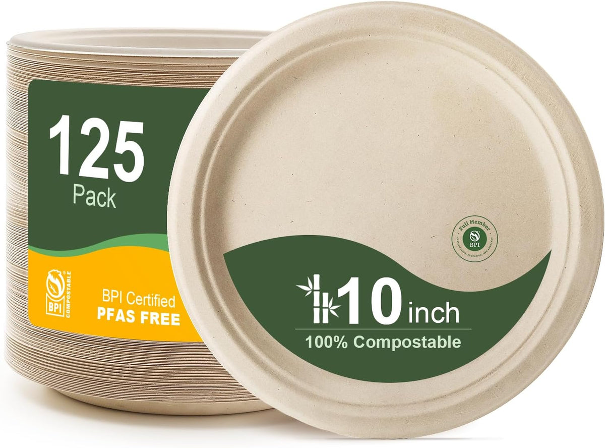 WELLIFE 100% Compostable Paper Plates 10 Inch, 125-Pack Heavy Duty Paper Plates Bulk,Biodegradable Bagasse,Eco-Friendly Disposable Dinner Plate for BBQ,Picnic,Party (BPI Certified,Microwaveable)