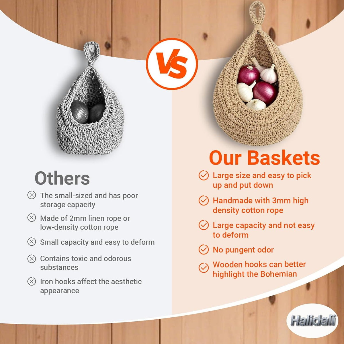 Halidali Hanging Fruit Baskets for Kitchen, 3 Pack Boho Cotton Rope Handwoven Vegetable Storage Wall Mounted Large Organizing Basket for Farmhouse Decor, Onion, Potato, Garlic and Plants (Linen)
