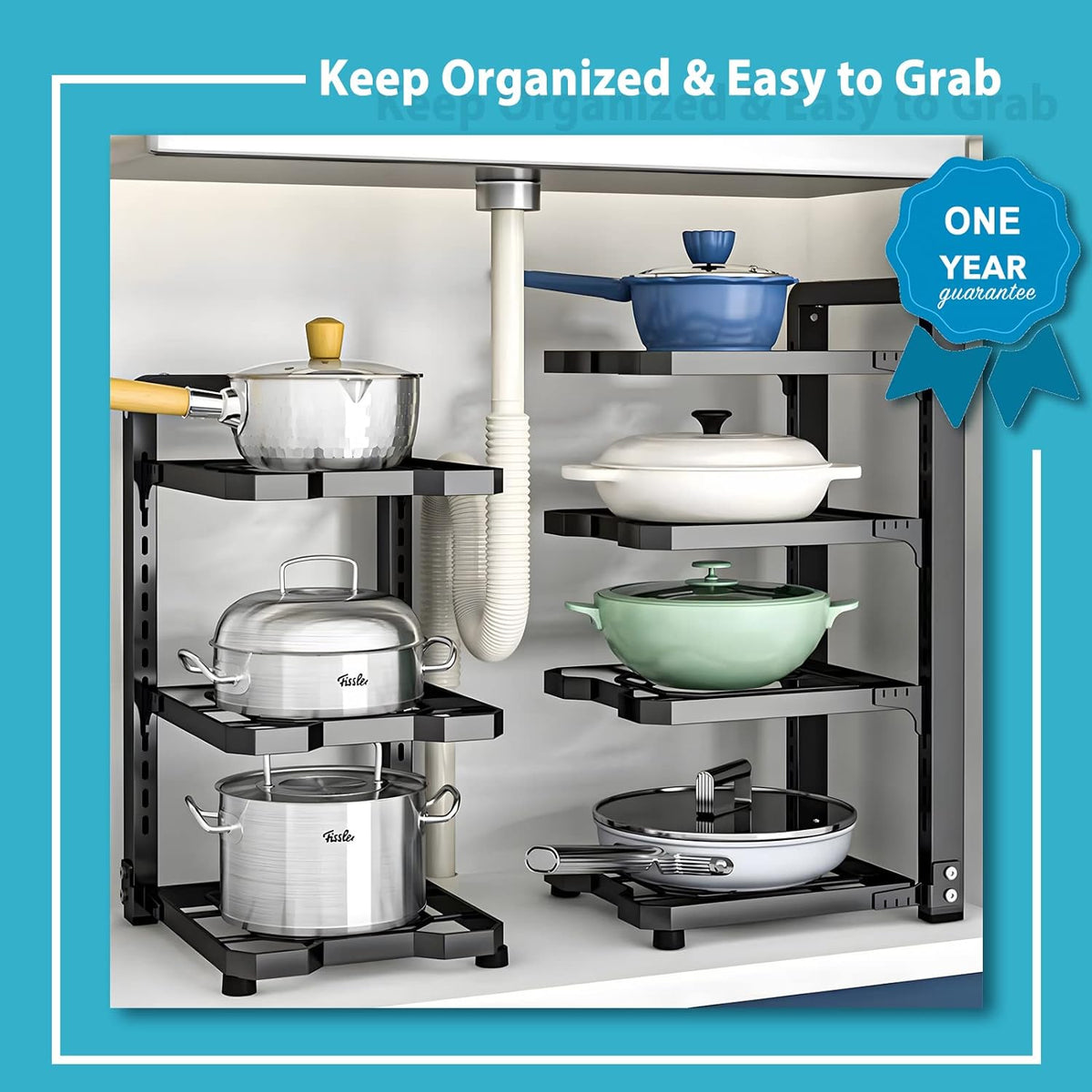 Pot and Pan Organizer Rack for under Cabinet, Heavy Duty Pot Pan Rack under Sink Organizers and Storage, Pot lid organizer, Kitchen Cabinet Organizer with 4 Adjustable Tiers