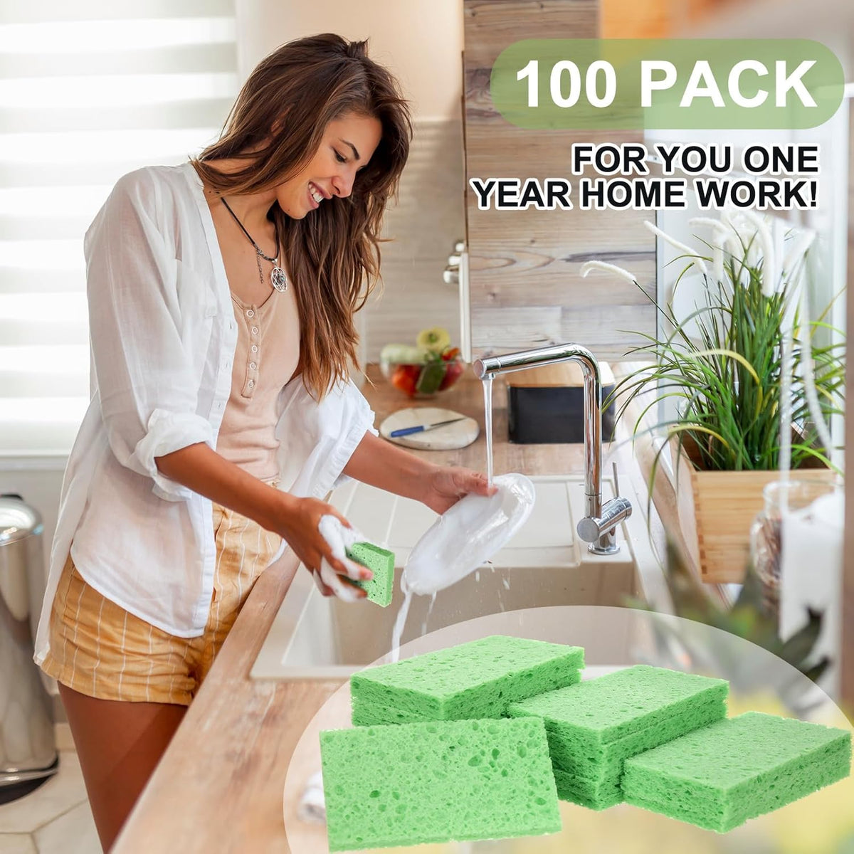 Zhengmy 100 Pieces Kitchen Sponge Bulk Natural Sponges for Dishes Compressed Wood Pulp Sponges Cleaning Sponge Without Scratching for Kitchen Bathroom, 3.9 x 2.4 x 0.12 Inch (Green)