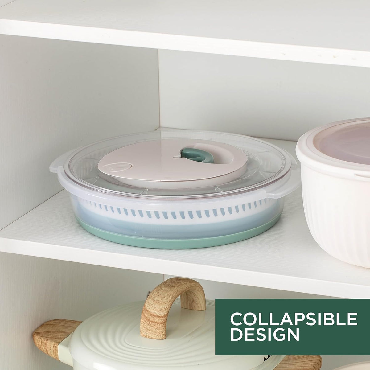 COOK WITH COLOR Collapsible Salad Spinner - 4 QT Space Saving Lettuce Dryer with Folding Collapsible Colander Great for Washing and Drying Fruit and Vegetables (Sage)