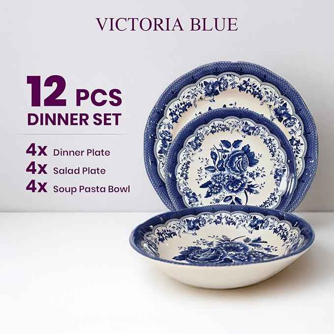 Tudor Royal 12-Piece Porcelain Round Dinnerware Set, Service for 4, Victoria Blue Design, Blue Floral, Plates Bowls Dishes, Glossy, Premium Quality Tableware, Unique Pattern