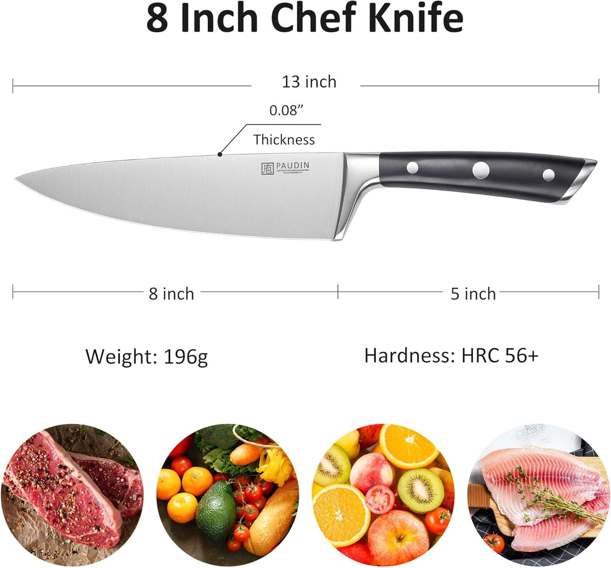 PAUDIN 8-Inch Chef's Knife – Ultra-Sharp High Carbon Stainless Steel Blade, Ergonomic Handle, Professional Quality Kitchen Knife in Gift Box for Home & Restaurant Use