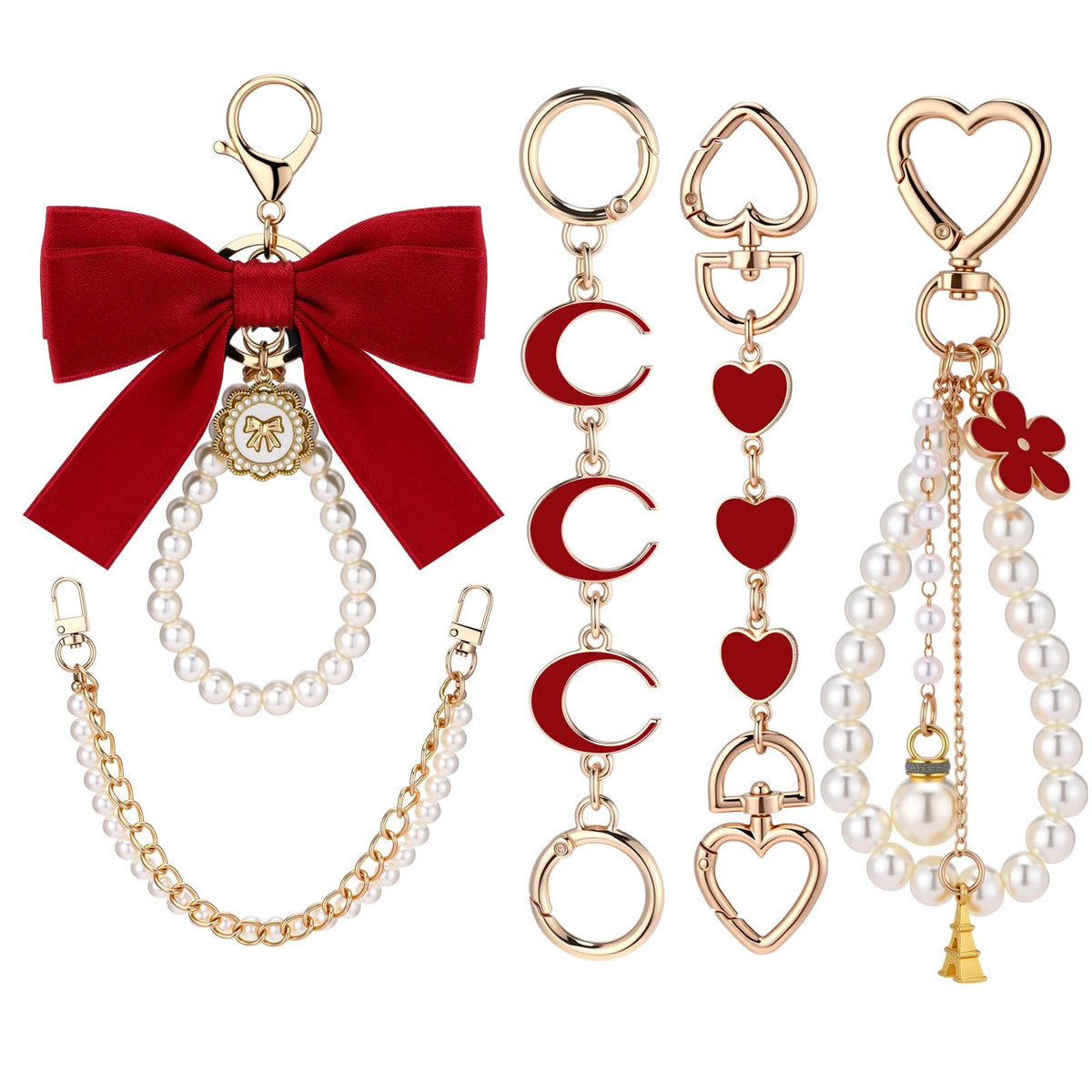 Sureio 5 Pcs Bag Extender Chain Pearl Bow Purse Charm Gold and Red
