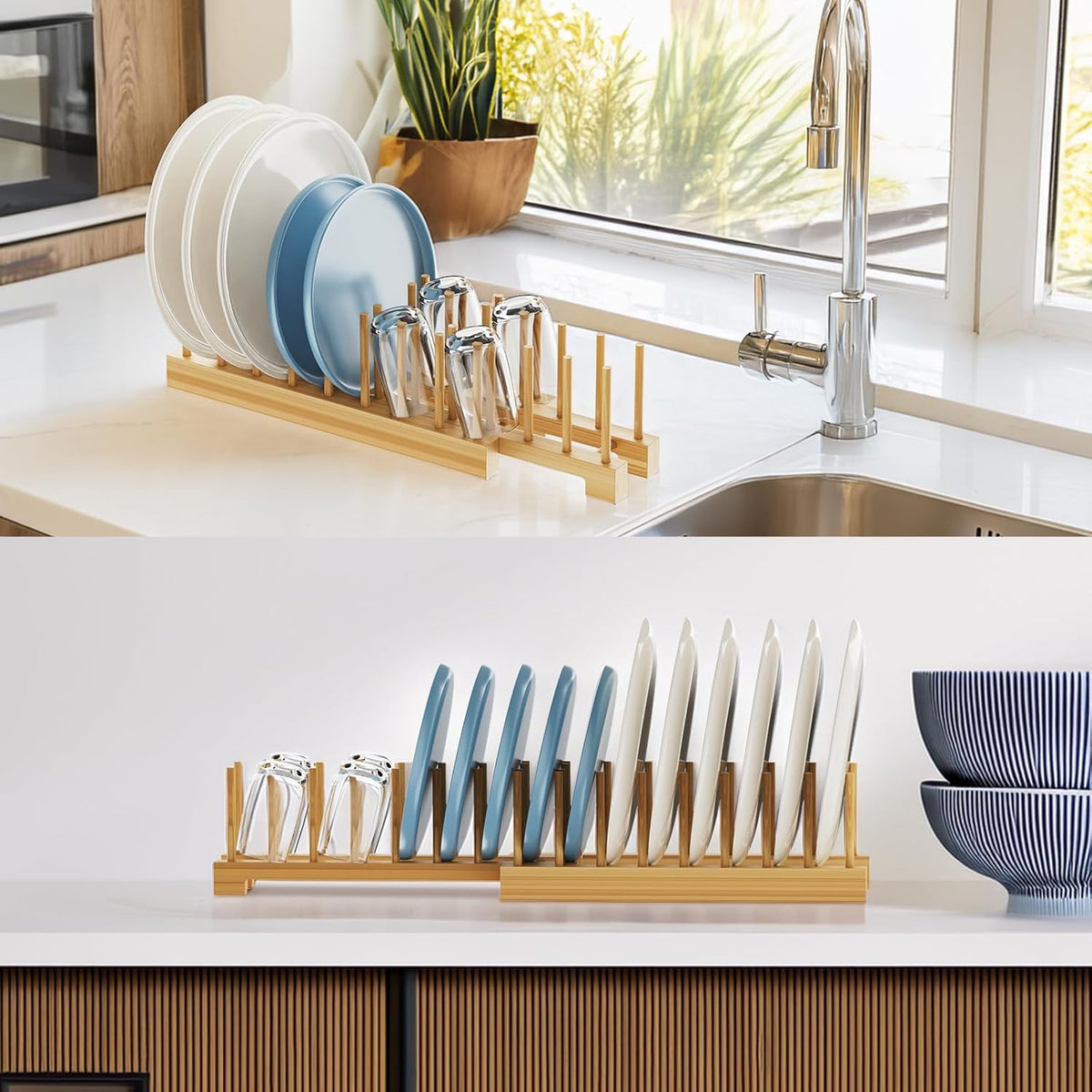Bamboo Dish Rack - Expandable Plate Rack & Dish Drying Rack for Kitchen Cabinet Storage, Adjustable Multi-Functional Design Organizer for Plates, Cups, Pots, Cutting Boards (Natural Bamboo) 2 PACK