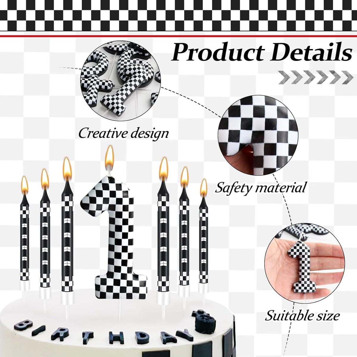 13 Pcs Racing Cars Themed Birthday Candles Black and White Race Number 1 Checkered Candle Cake Topper for Racing Car Party Decoration Supplies (Number 1)