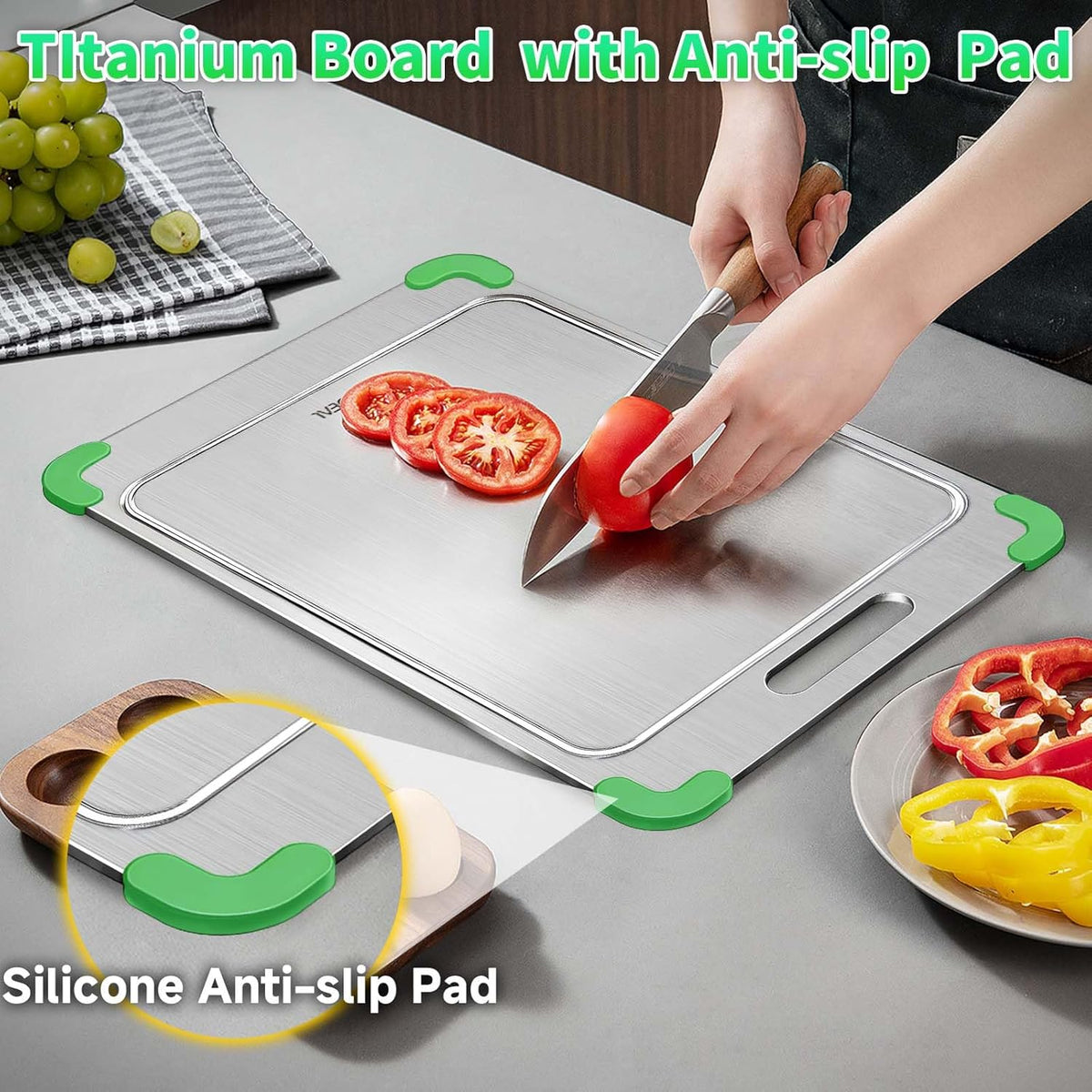 100% Pure Titanium Cutting Board with Grooves, Update Double Side Titanium Chopping Board, Silicone Anti-slip Stainless Cutting Boards for Kitchen 10 * 14 IN, Green