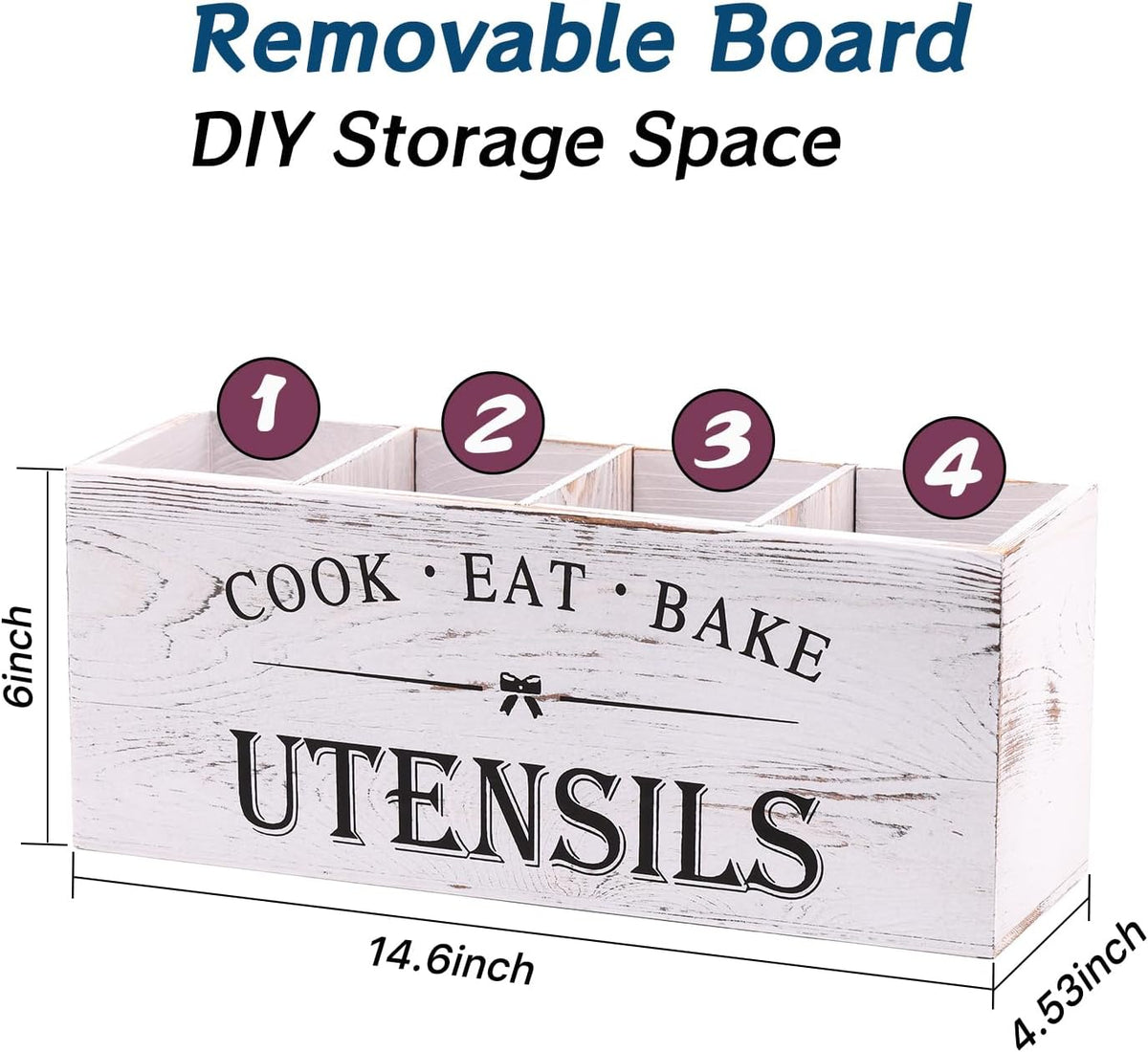 Kitchen Utensil Holder for Counter or Countertop, Extra Large Wood Organizer with 4 Compartments, Wooden Storage for Cooking and Silverware, Rustic Minimalist Decor, Sturdy Utensil Crock-White