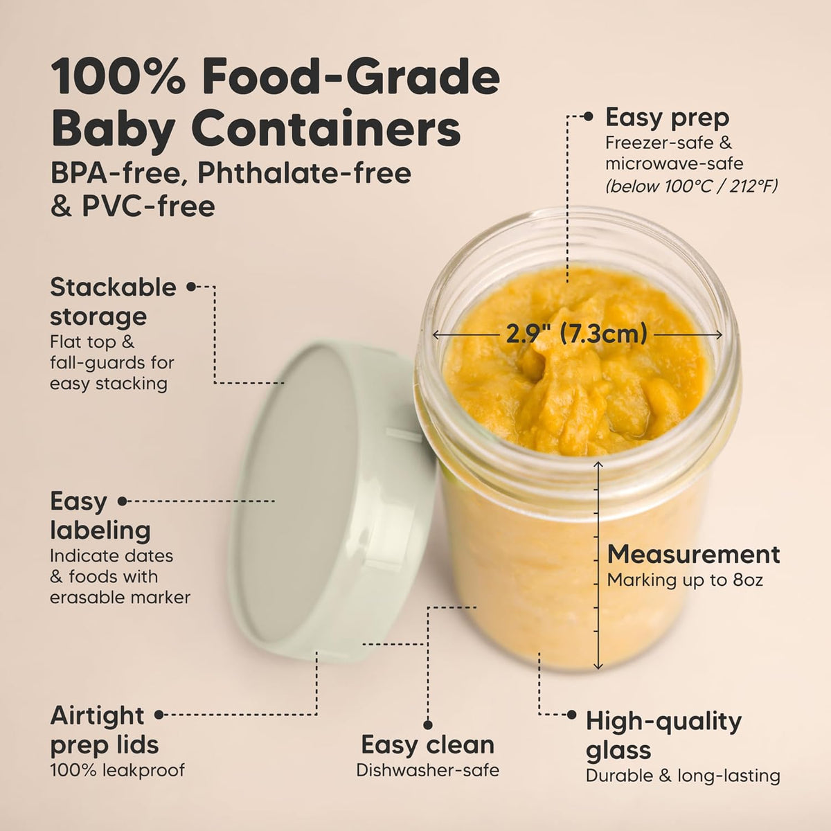 KeaBabies 4pk 8oz Glass Baby Food Containers with Lids - Leak-Proof, Microwavable Small Glass Jars, Baby Purees & Toddler Snack Storage Containers, BPA-Free, Dishwasher & Freezer Safe (Sage)