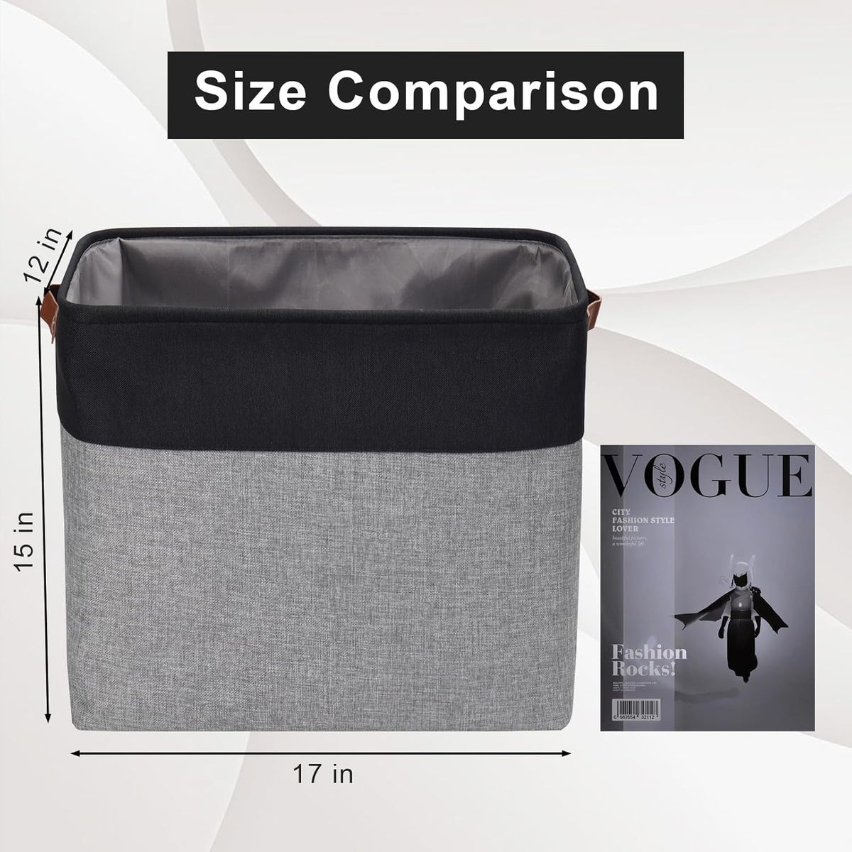 Large Fabric Storage Baskets | 50L Storage Bins, Decorative Linen Closet Baskets with Handles for Organizing, Shelf, Toys, Clothes, Home, Office, Nursery, 17x12x15Inches (Gray&Black)