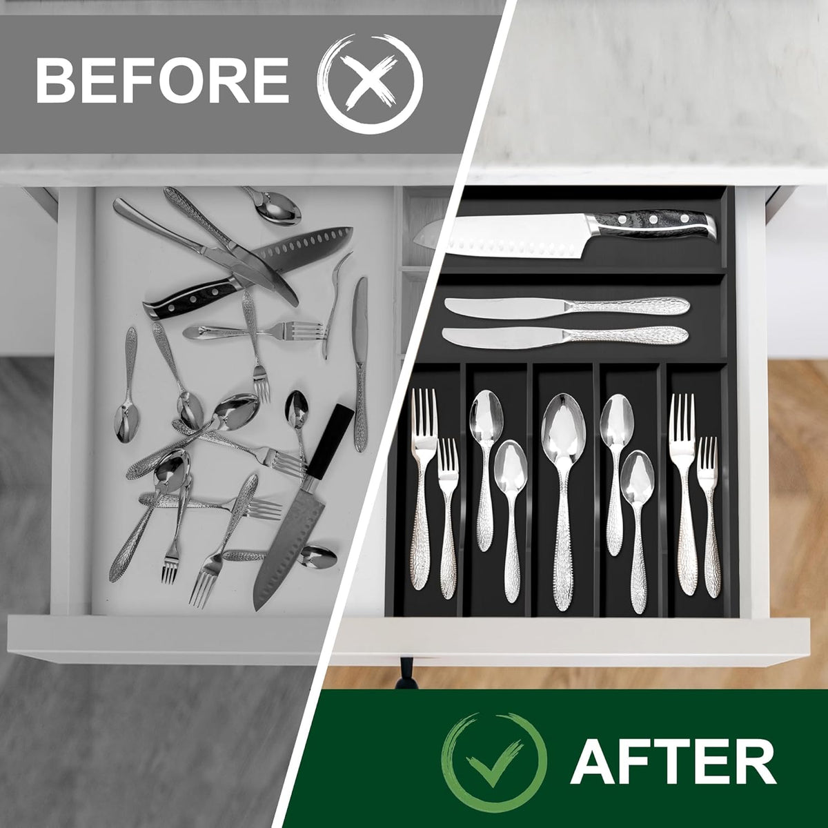 Bellsal Black Utensil Organizer 12.5 Inch Silverware Tray for Drawer Utensil Holder Cutlery Organizer Kitchen Drawer Organizer 7 Compartment Small Narrow Bamboo