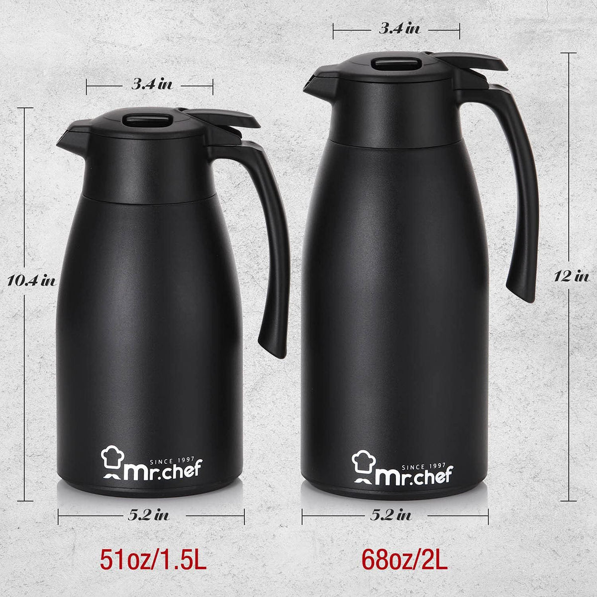 SINCE 1997 MR.CHEF 68Oz Thermal Coffee Carafe, Insulated Stainless Steel Coffee Carafes for Keeping Hot/Double Walled Vacuum Coffee Carafe (Black, 2L)