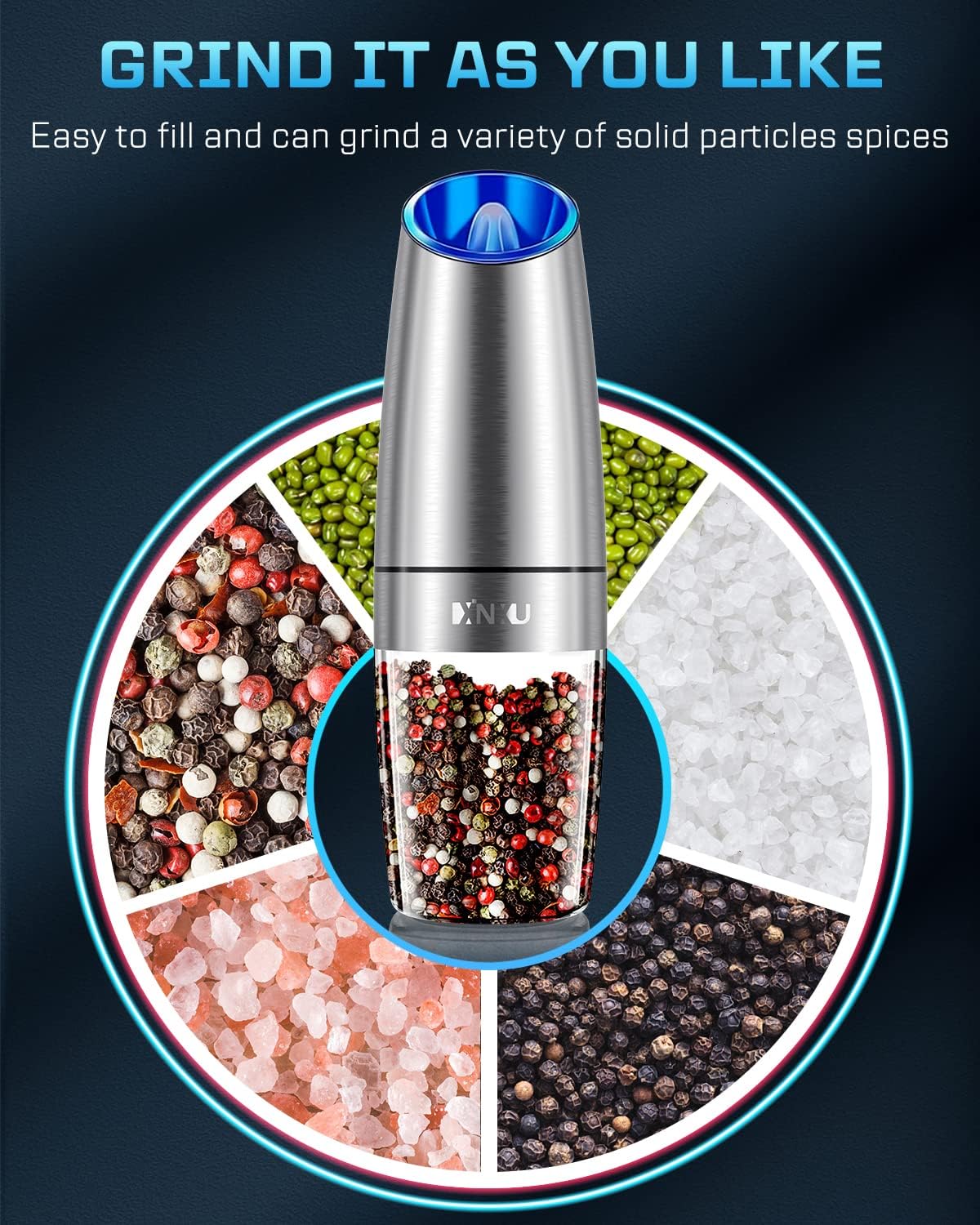 Gravity Electric Salt and Pepper Grinder Set, Automatic Mill Grinder,Battery-Operated with Adjustable Coarseness, Premium Stainless Steel with LED Light, One Hand Operated