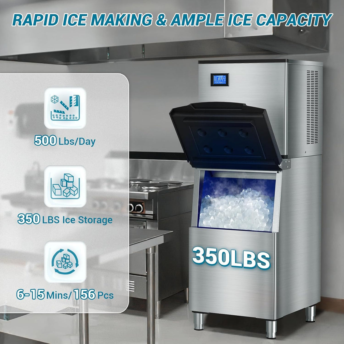 Large Commercial Ice Maker Machine: 500lbs/24H Production, with 350lbs Ice Storage Bucket, 156 Ice Cubes in 6-15 Mins - Stainless Steel Industrial Ice Maker for Restaurant, Bar, Cafe, Commercial Use