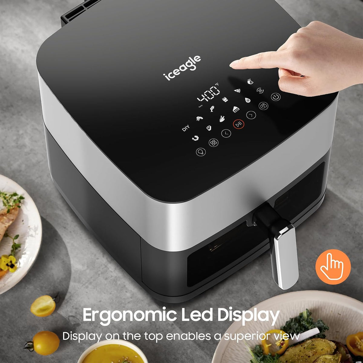 Iceagle Stainless Steel Air Fryer 9 Quart - Airfryer XXL with Large Viewing Window, Dual Heating Elements, 12-in-1 Function to Roast, Bake, Broil, Defrost, Reheat, Dishwasher-Safe Parts, 1700W, Siver
