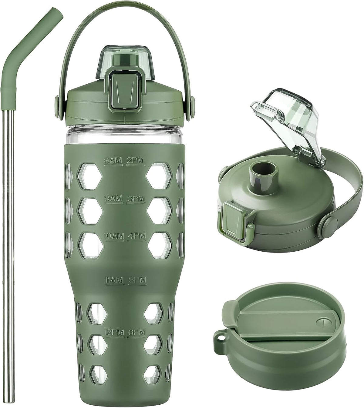 MUKOKO 32 oz Glass Tumbler with Straw,Glass Water Bottles with Time Marker,Iced Coffee Cup with 2 Lids-Handle Spout Lid&Straw Lid,Silicone Sleeve,Leakproof,1 Pack-Olive