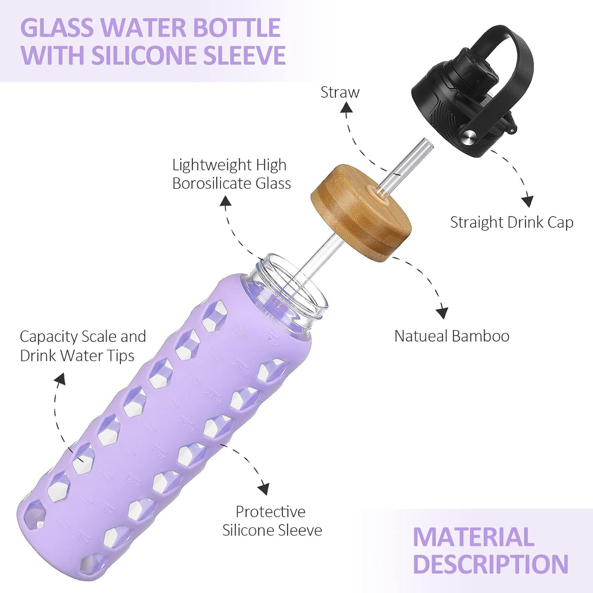 MUKOKO 32oz Glass Water Bottles with 2 Lids-Handle Spout Lid&Bamboo Straw Lid, Motivational Water Tumbler with Time Marker Reminder and Silicone Sleeve, Leakproof-Purple-1 Pack