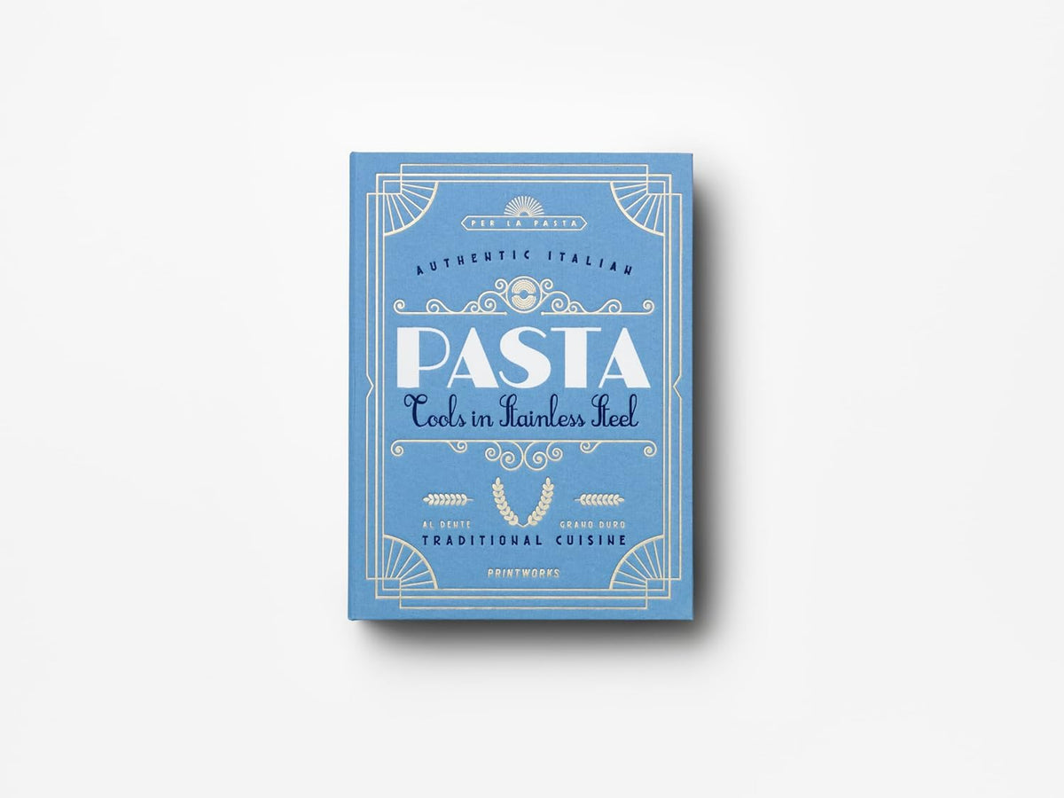 Printworks The Essentials, Pasta Tools – Pasta Kit with Spaghetti Tong, Spaghetti Measurer & Grater in Bright Blue Book-Style Case