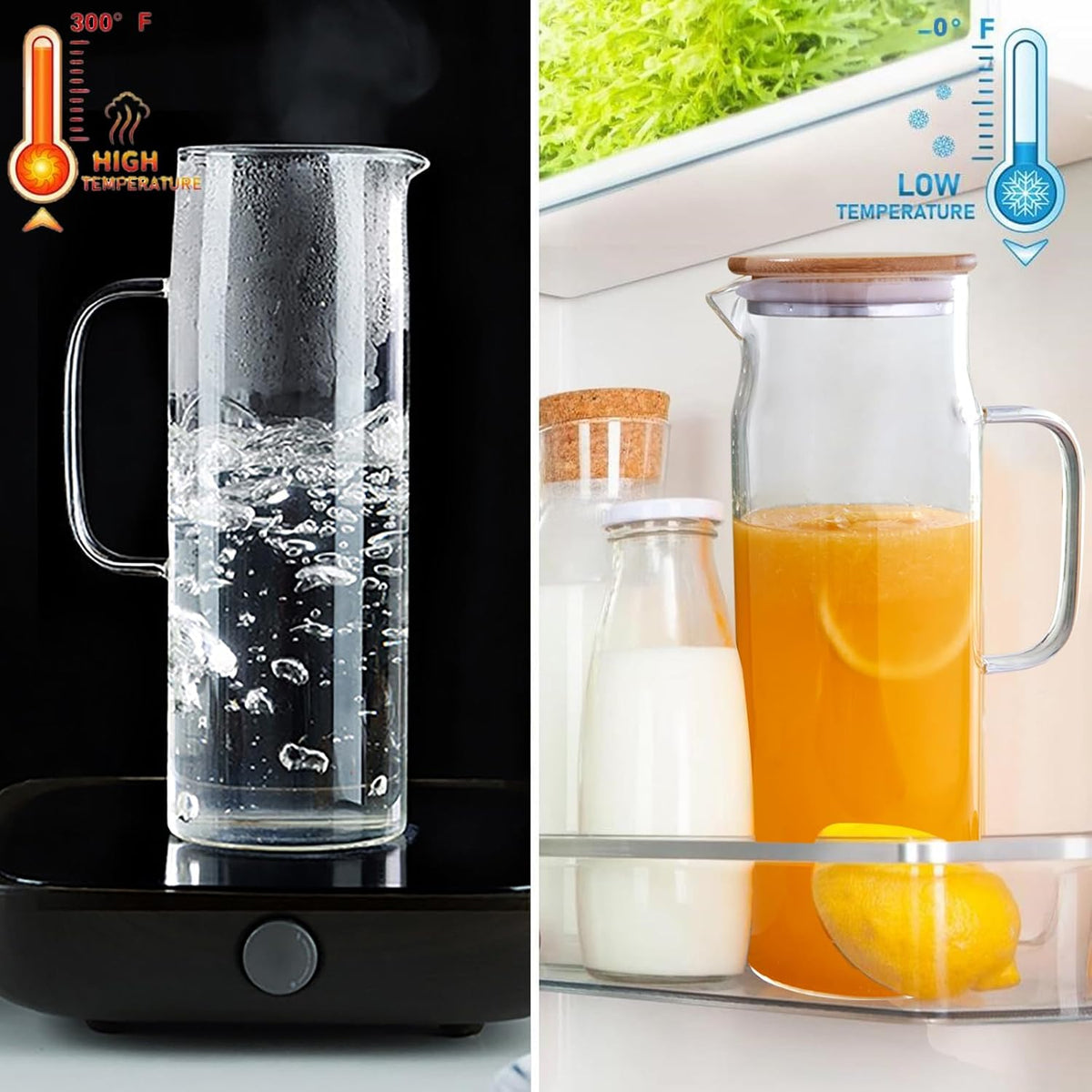 50oz Glass Pitcher with Lid, Glass Water Carafe with Handle, Fridge Water Jug Cold or Hot Beverages, Iced Tea, Milk, Juice (Set of 2)