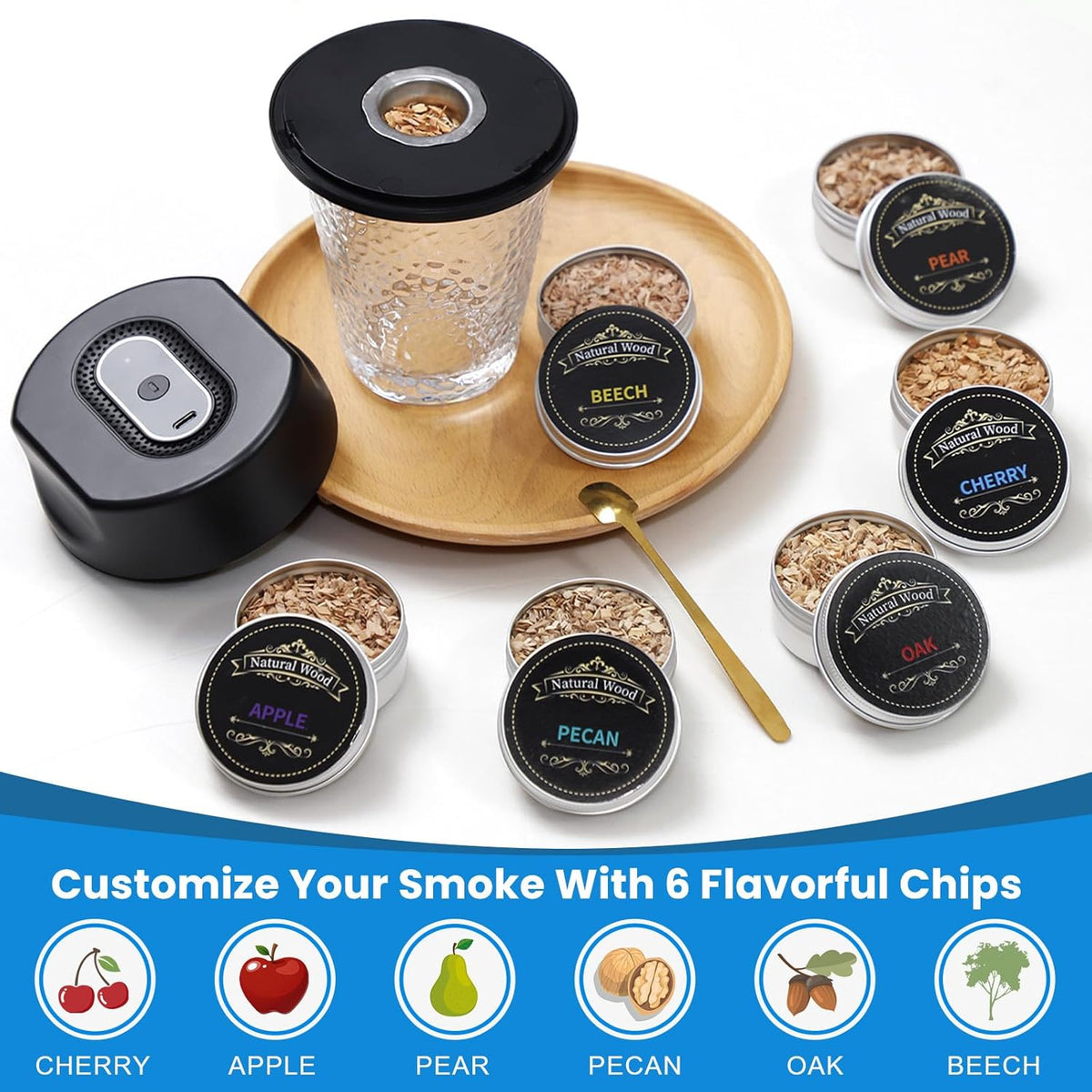 WIFEA Electric Whiskey Smoker Kit, Built-in Lighter, Old Fashioned Drink Smoker Kit with 6 Wood Chips, Rechargeable Cocktail Machine, No Butane Needed - Bourbon Whiskey Gifts for Men, Dad, Husband