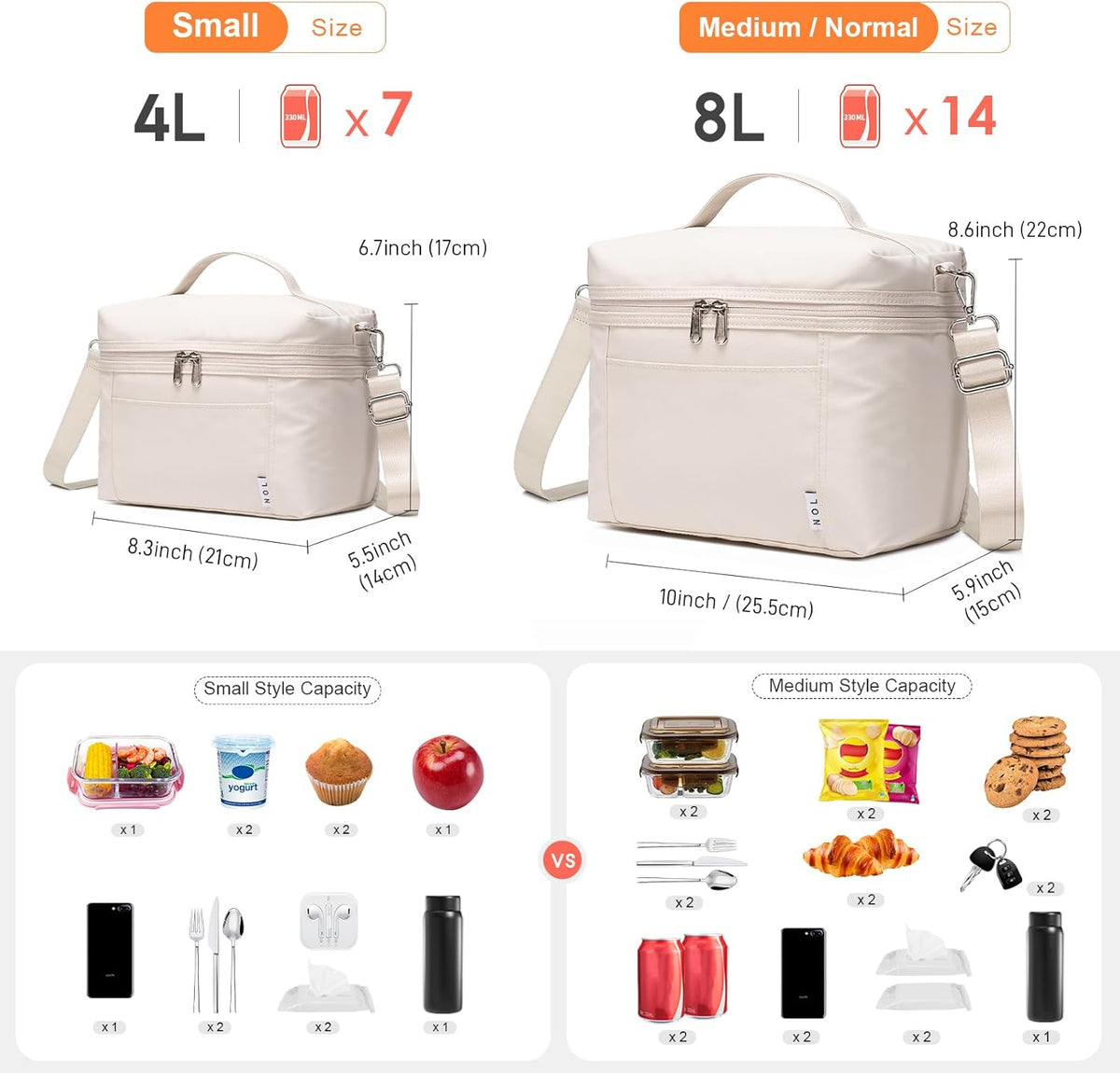 NOL Natural Organic Lifestyle Insulated Lunch Bags for Women Cooler Bag Lightweight Nylon Waterproof Lunch Box For Work (Small, Cream)