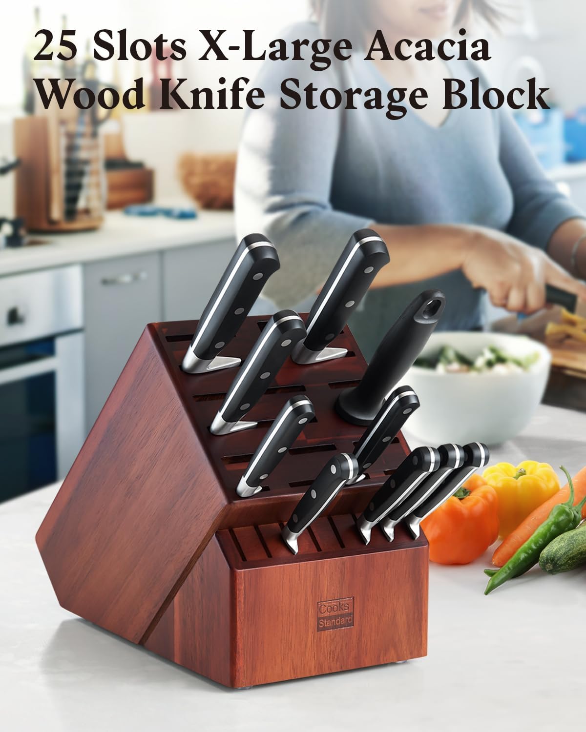 Cooks Standard Acacia wood Knife Block Holder without Knives, 25 Slot X-Large Universal Countertop Butcher Block Kitchen Knife Stand for Easy Kitchen Storage
