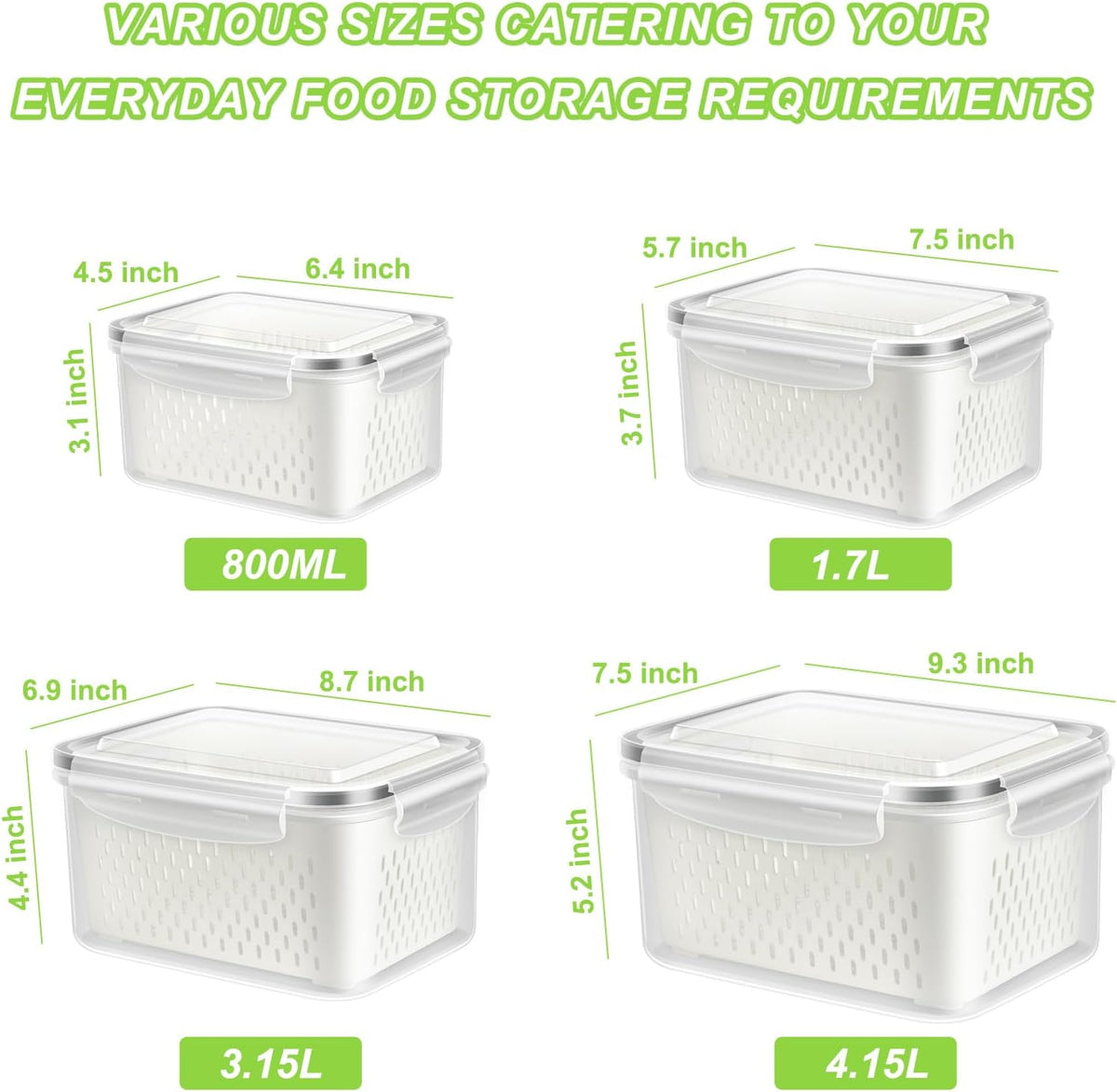Fruit Storage Containers for Fridge, 4 Pack Produce Saver Vegetable Container with Drain Colanders - Refrigerator Organizer for Lettuce Keepers Berry Container
