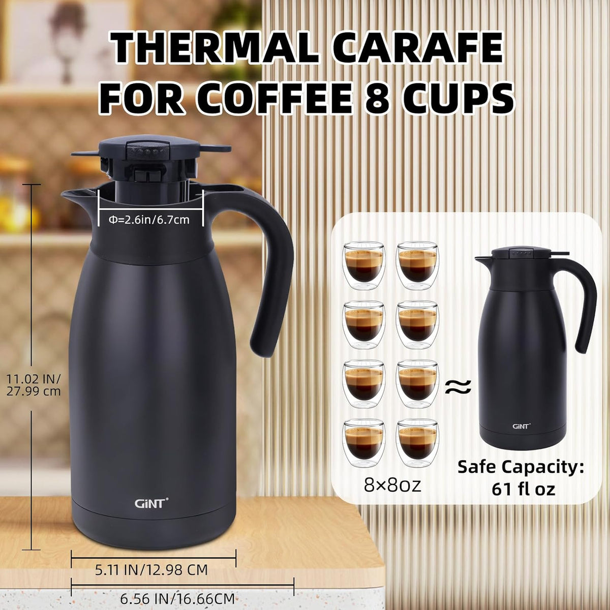 GiNT 1.9L / 64Oz Thermal Coffee Carafe, Insulated Stainless Steel Coffee Carafes for Keeping Hot/Double Walled Vacuum Thermal Carafe (Black)