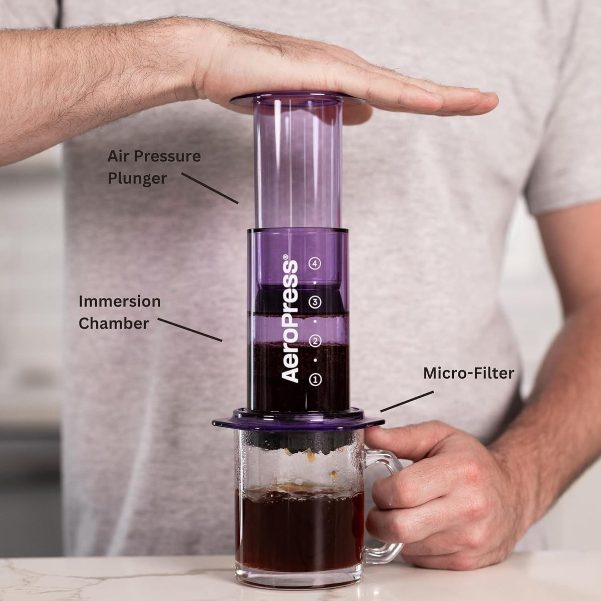 AeroPress Clear Purple Coffee Press – 3 In 1 Brew Method Combines French Press, Espresso, Full Bodied Coffee Without Grit or Bitterness, Small Portable Coffee Maker for Camping & Travel, Purple