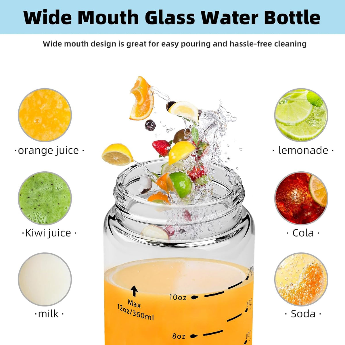 Glass Juice Bottles 6 Pack 20 oz - Wide Mouth Glass Water Bottles with Lids - Borosilicate,Stainless Steel Lids for Juicing, Smoothies, Infused Water, Beverage Storage, Leakproof, Reusable,BPA Free