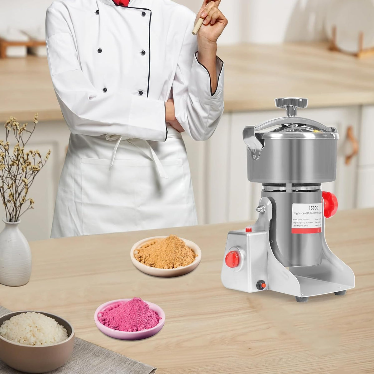 Electric Grain Mill Grinder High Speed 30000r/min Powder Machine Grain Spice Herb Grinder Dry Grinder Machine Stainless Steel Powder Grinder for Dry Spice Herbs Grains Coffee Rice Pepper (1500g 4100W)