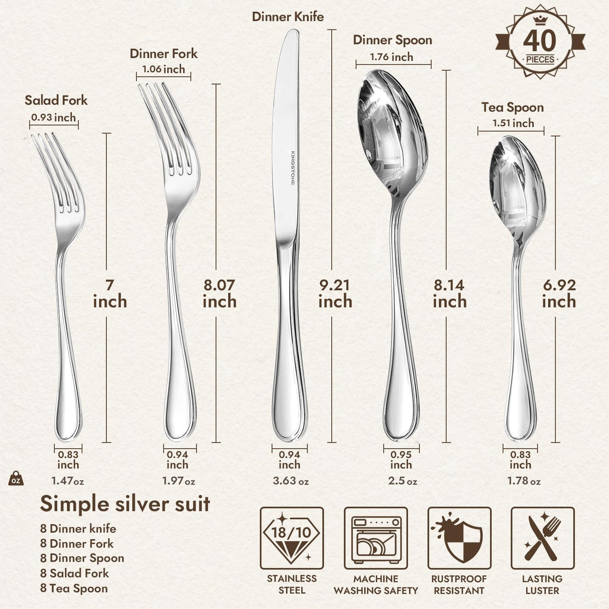 KINGSTONE 40 Piece Teardrop Silverware Set for 8, 18/10 Stainless Steel Flatware Set, Modern Design Cutlery Set for Home/Hotel/Wedding,Mirror Polished and Dishwasher Safe