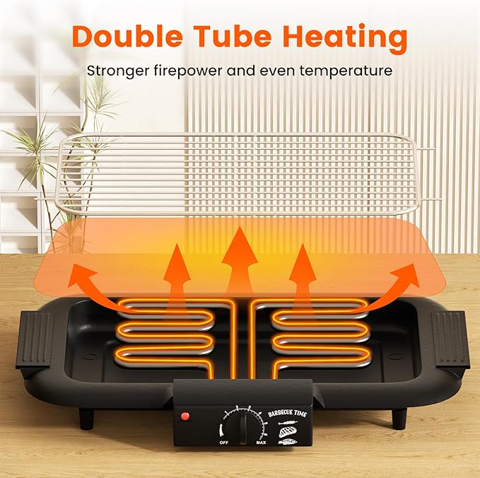 Electric BBQ Grill, Smokeless Non-Stick Indoor/Outdoor Barbecue Grill, 2000W Double tube High Power Portable Removable Stand Grill for BBQ Party (Elegant Black)