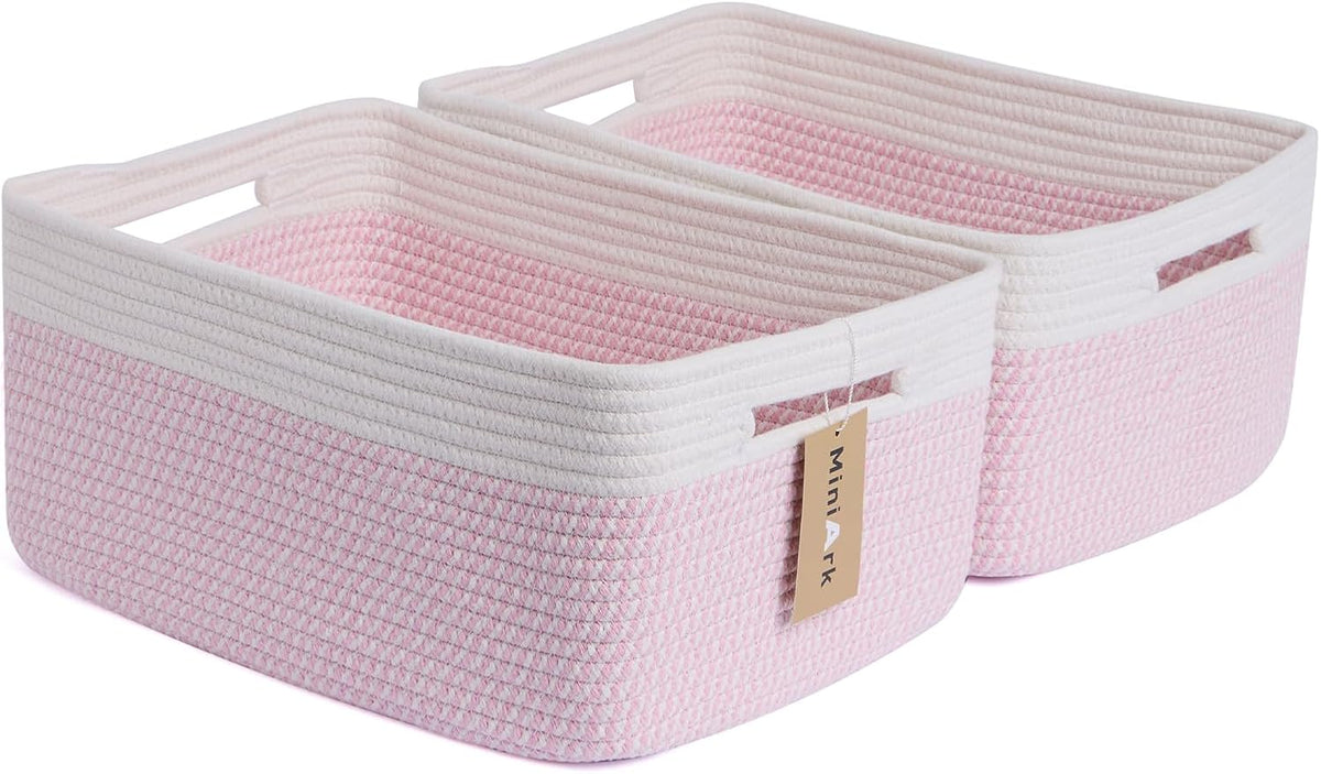 Large Storage Baskets for Shelves, Closet Organizers Bins for Clothes Blanket Towels, Baby Nursery, Toy Baskets Box, Woven Rope Baskets, 17 x 13 x 7.5”, 2 Packs Woven Pink