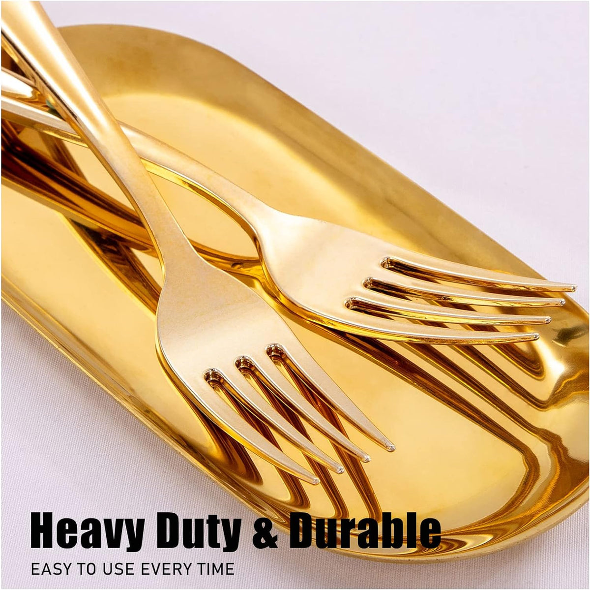 WDF 100 Pcs Gold Plastic Forks Heavy Duty - BPA-FREE, Sturdy&Durable Forks Disposable 7.4inch - Elegant Gold Forks for Dessert, Durable Plastic Cutlery for Party, Wedding or Daily Using