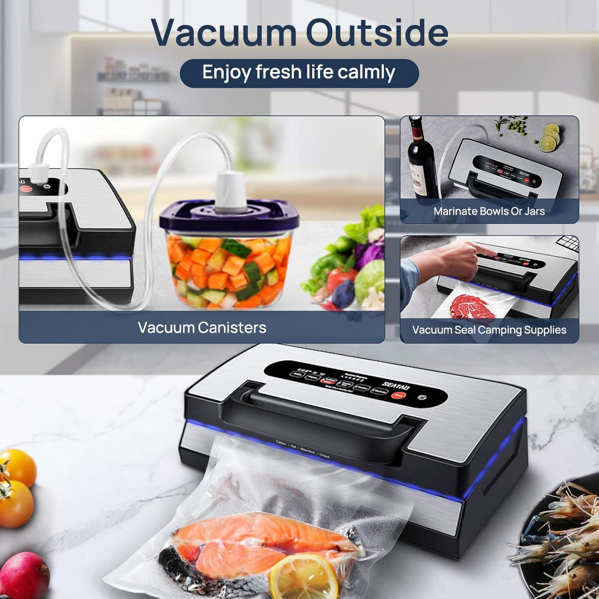 SEATAO VH5188 Automatic Vacuum Sealer Machine, 90kPa Multifunction Commercial Vacuum Food Sealer For Food Preservation, Dry & Moist & Food & Extended Modes, LED lights, Double Seal