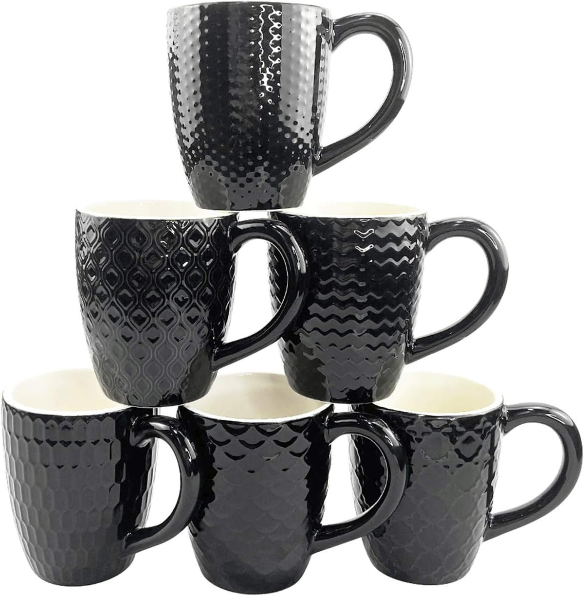 Schliersee 12 OZ Black Ceramic Coffee Mugs Set 6, Stylish Embossed 6 Patterns Coffee Cups Set for Coffee, Tea, Milk, Cocoa, Cereal, Water, Microwave Safe