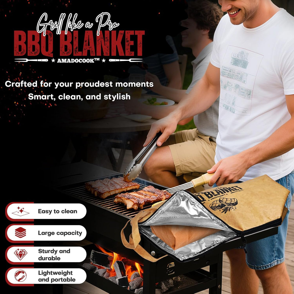 AMADOCOOK™ BBQ Blanket for Resting Meat - Reusable Insulated Meat Resting Bag for Moisture Retention and Tender BBQ - Heavy-Duty with Wide Mouth for Large Brisket, Turkey