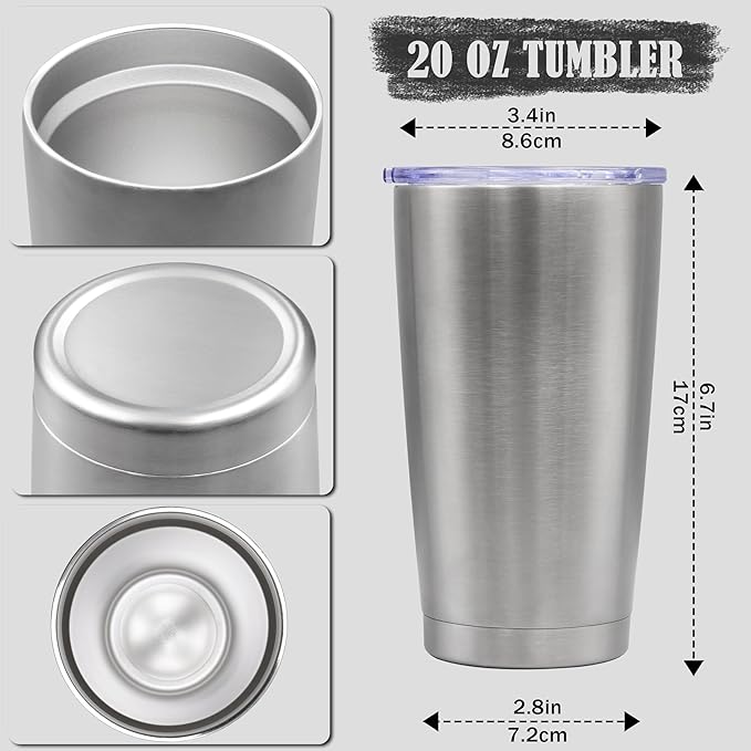 20 oz Tumbler Coffee Travel Tumblers Bulk with Lid Stainless Steel Double Wall Vacuum Insulated Mug Powder Coated Cups fit Car Cupholder for Hot and Cold - Stainless Steel, 12Pack