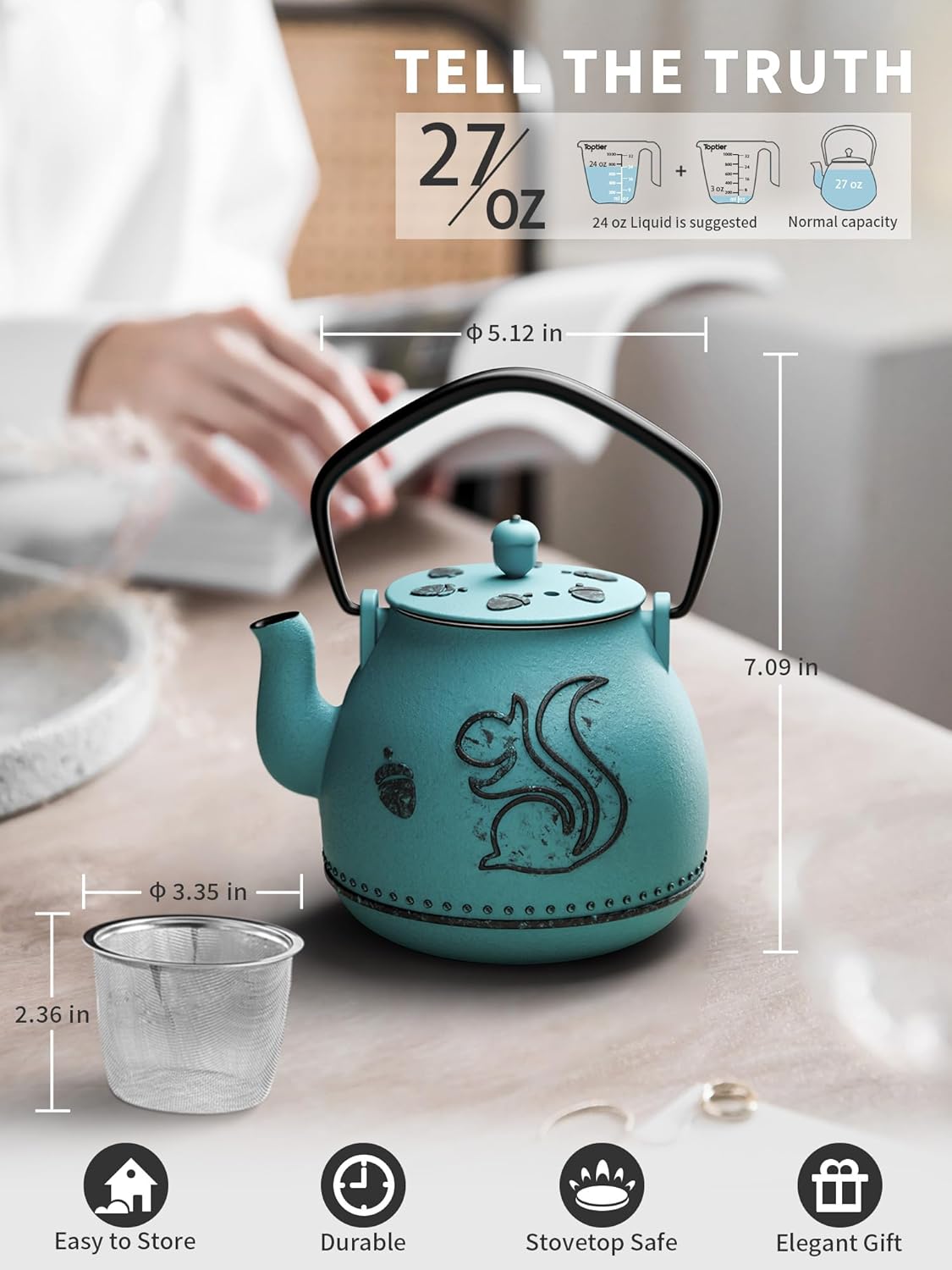 Toptier Teapot with Removable Infuser, Cast Iron Tea Kettle Stovetop Safe, Squirrel Design Tea Pot Coated with Enameled Interior for 32 Ounce (950 ml), Blue