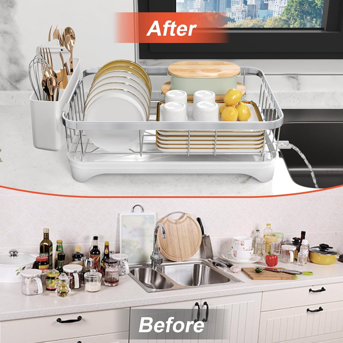 Dish Drying Rack - 304 Stainless Steel Dish Rack with Utensil Holder & Adjustable Spout, Space-Saving Organizer, Large Capacity for Bowls, Dish Drainer with Drainboard, White