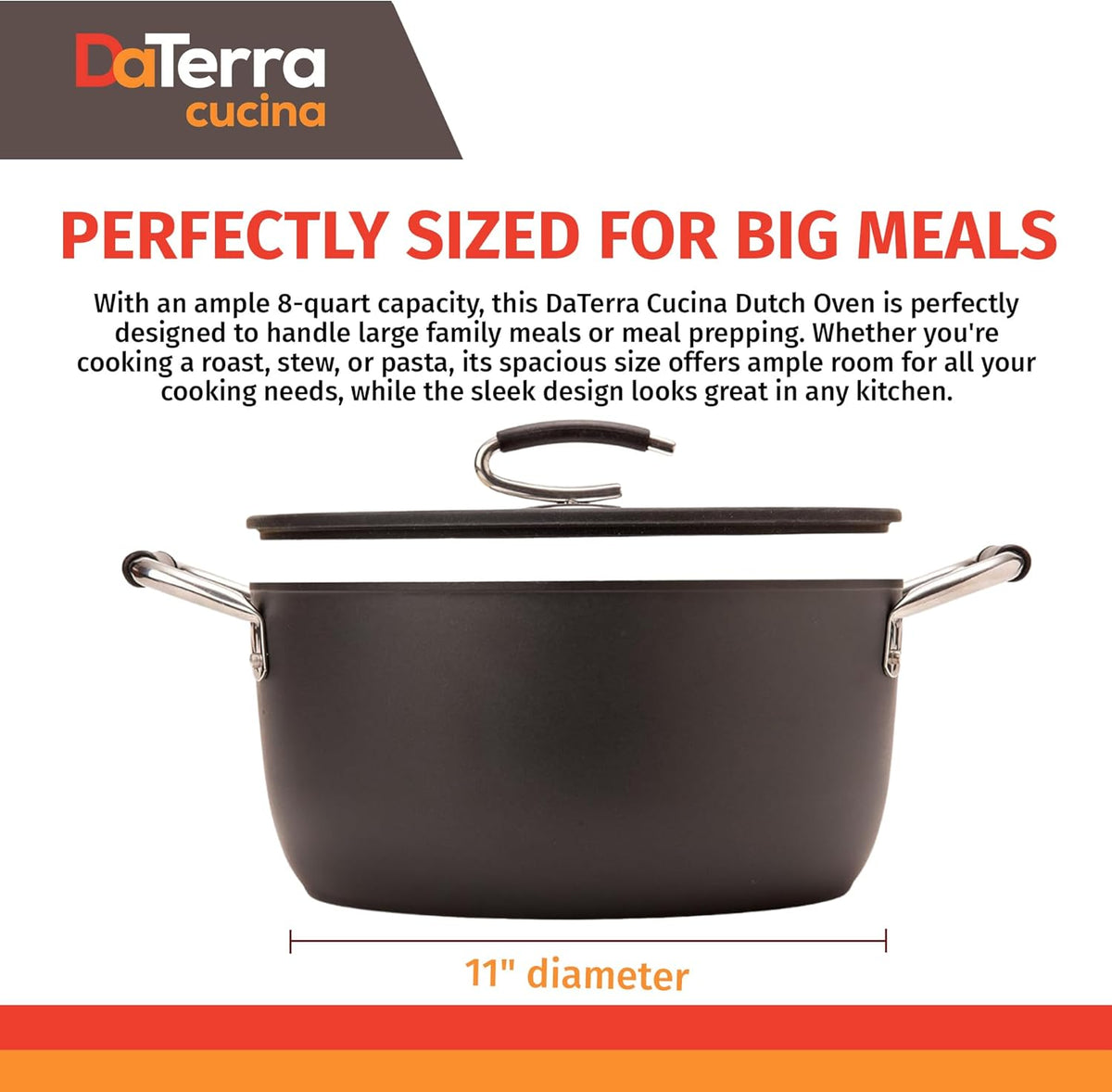 DaTerra Cucina - 8 Qt Nonstick Ceramic Dutch Oven with Lid – Large Stock Pot, Oven & Induction Safe, Heavy Duty, Lightweight, Lead & PFOA Free, Volcanic Black | Made in Italy