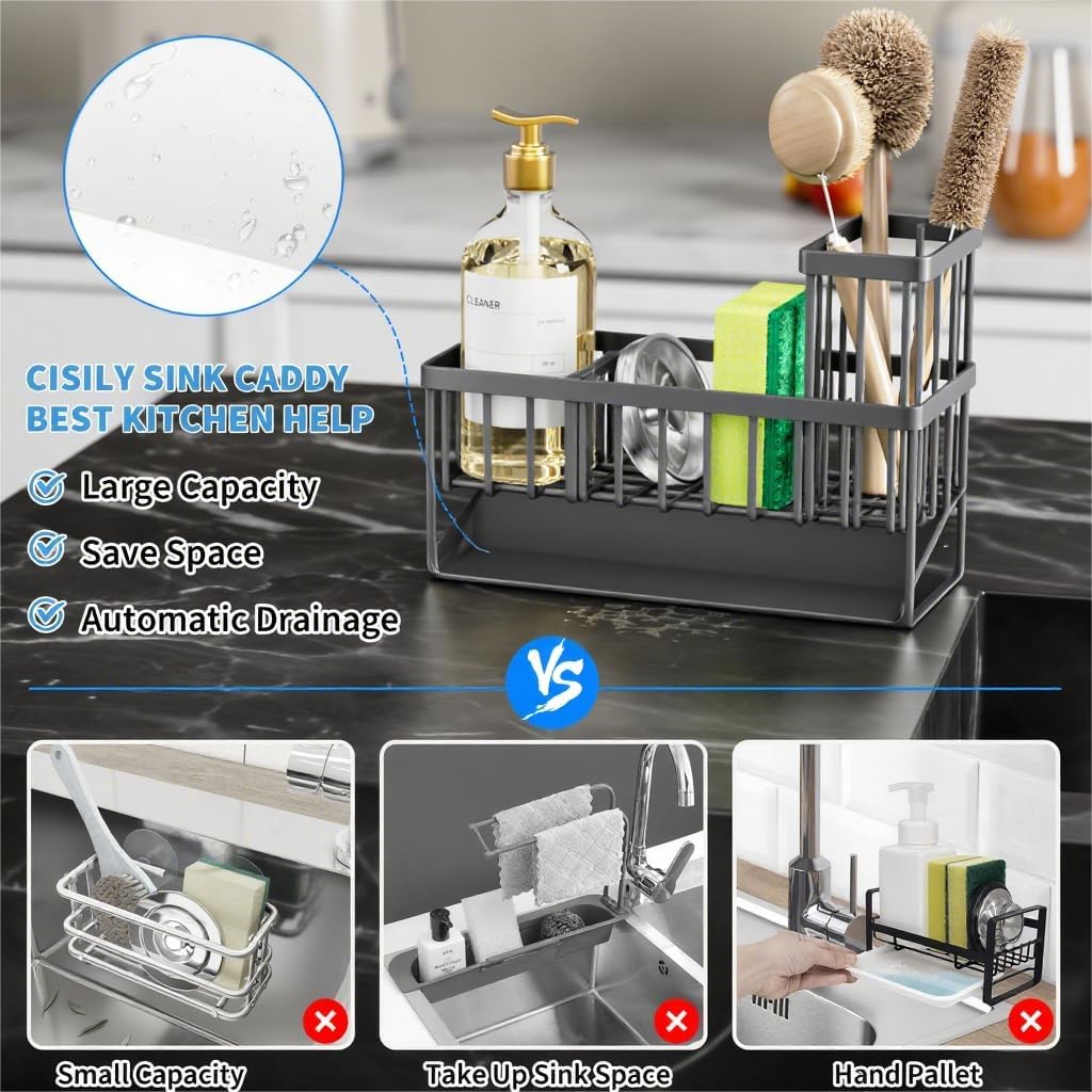 Cisily Sink Caddy Organzier with High Brush Holder, Sponge Holder for Sink, 304 Rustproof Stainless, Kitchen Countertop Soap Dispenser Organizer, Dark Gray Kitchen Decor and Accessories